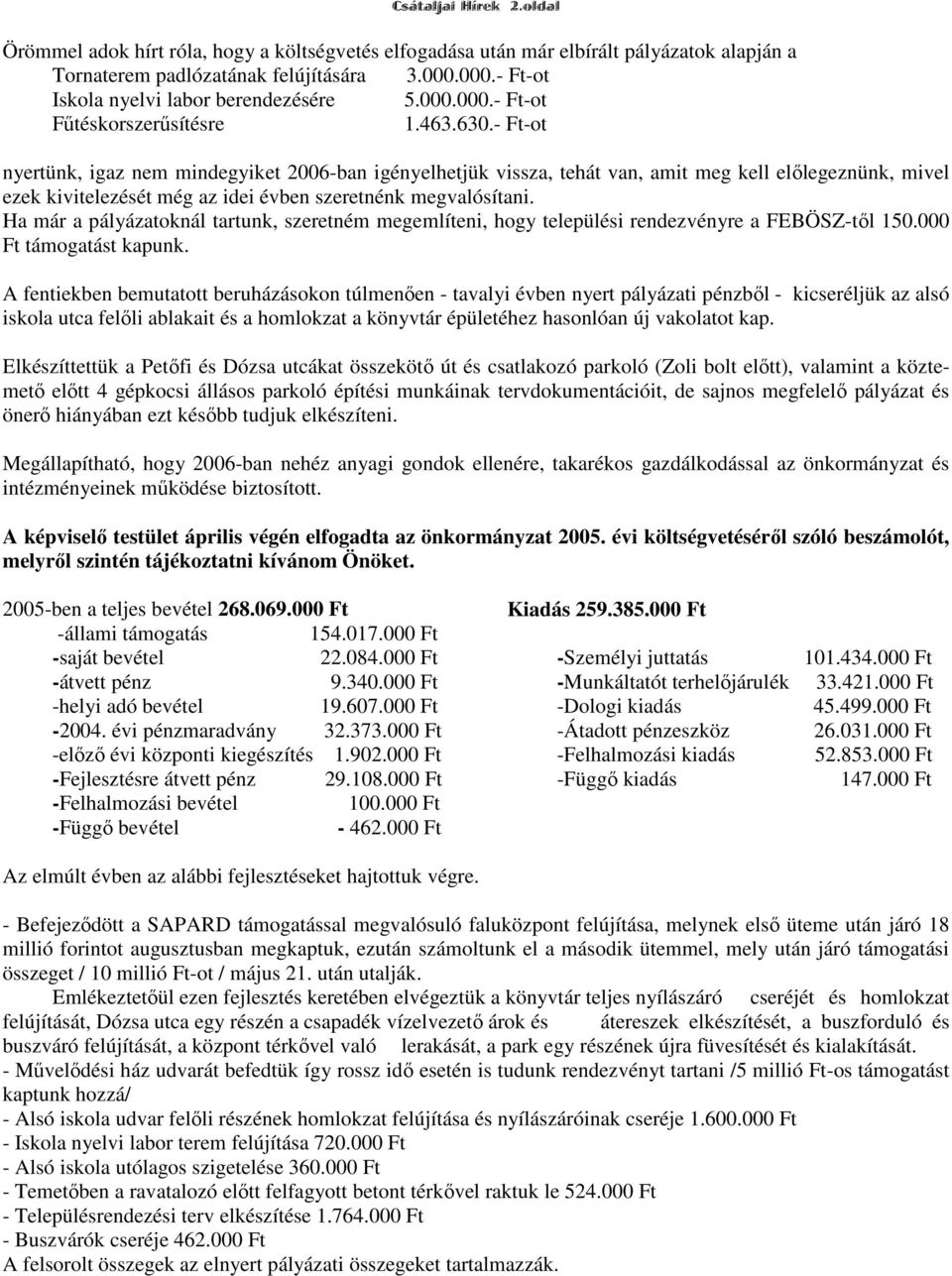 - Ft-ot nyertünk, igaz nem mindegyiket 2006-ban igényelhetjük vissza, tehát van, amit meg kell előlegeznünk, mivel ezek kivitelezését még az idei évben szeretnénk megvalósítani.