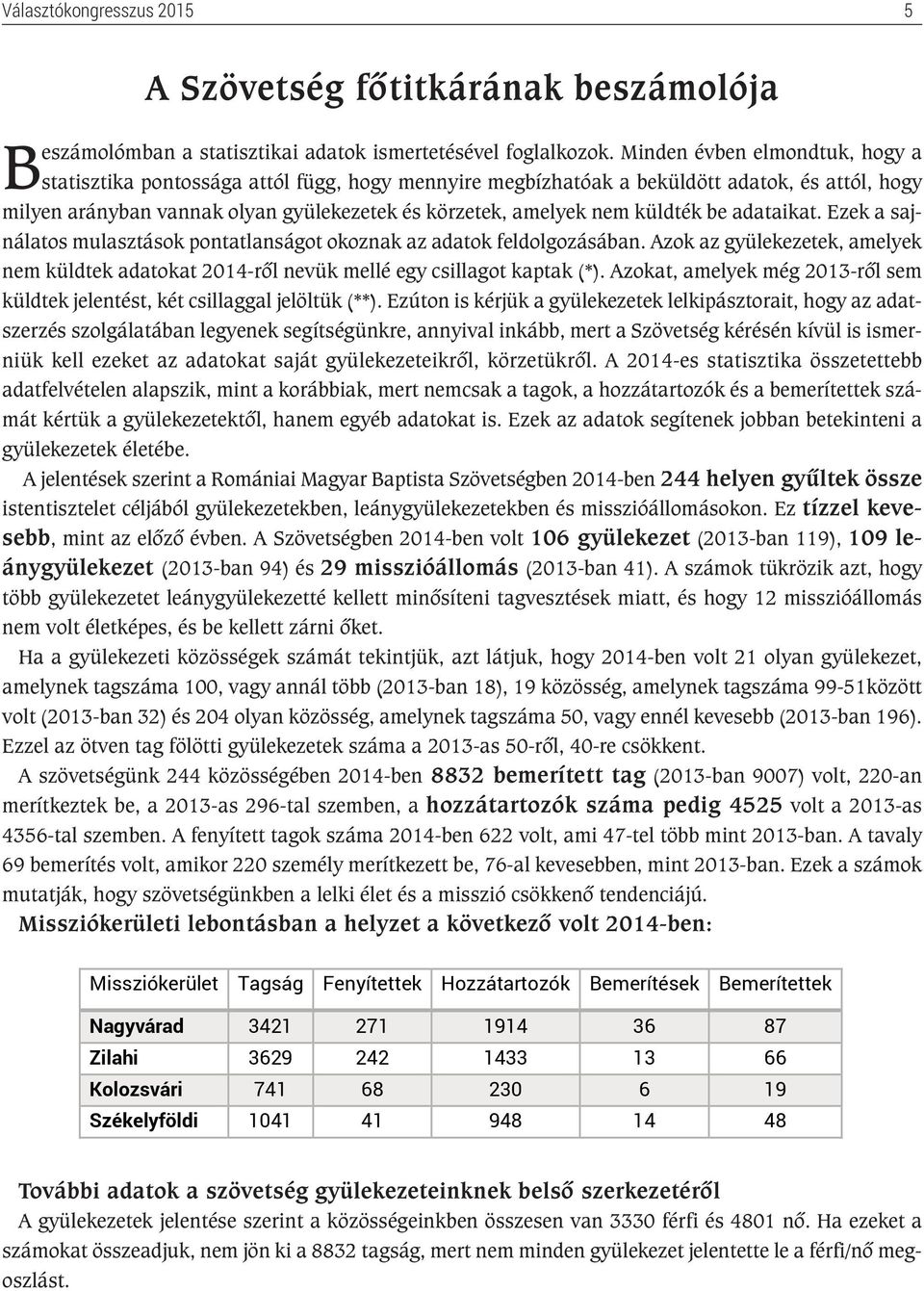 küldték be adataikat. Ezek a sajnálatos mulasztások pontatlanságot okoznak az adatok feldolgozásában. Azok az gyülekezetek, amelyek nem küldtek adatokat 2014-ről nevük mellé egy csillagot kaptak (*).