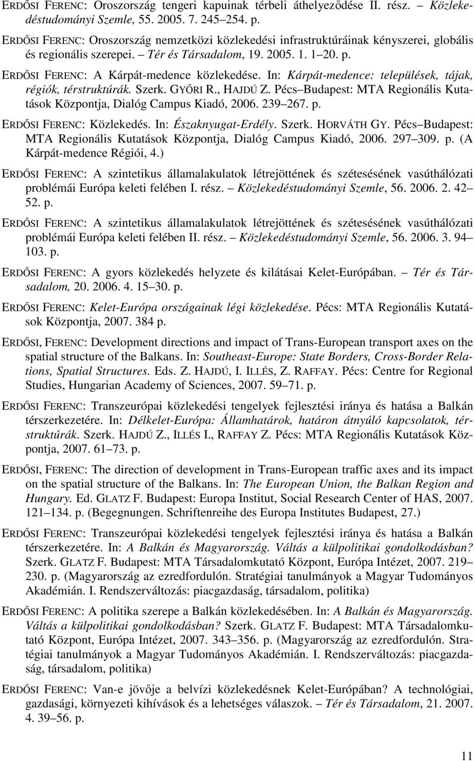 In: Kárpát-medence: települések, tájak, régiók, térstruktúrák. Szerk. GYŐRI R., HAJDÚ Z. Pécs Budapest: MTA Regionális Kutatások Központja, Dialóg Campus Kiadó, 2006. 239 267. p.