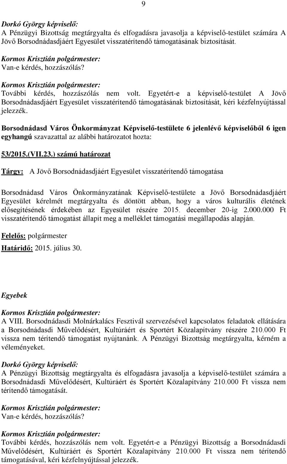 ) számú határozat Tárgy: A Jövő Borsodnádasdjáért Egyesület visszatérítendő támogatása Borsodnádasd Város Önkormányzatának Képviselő-testülete a Jövő Borsodnádasdjáért Egyesület kérelmét megtárgyalta