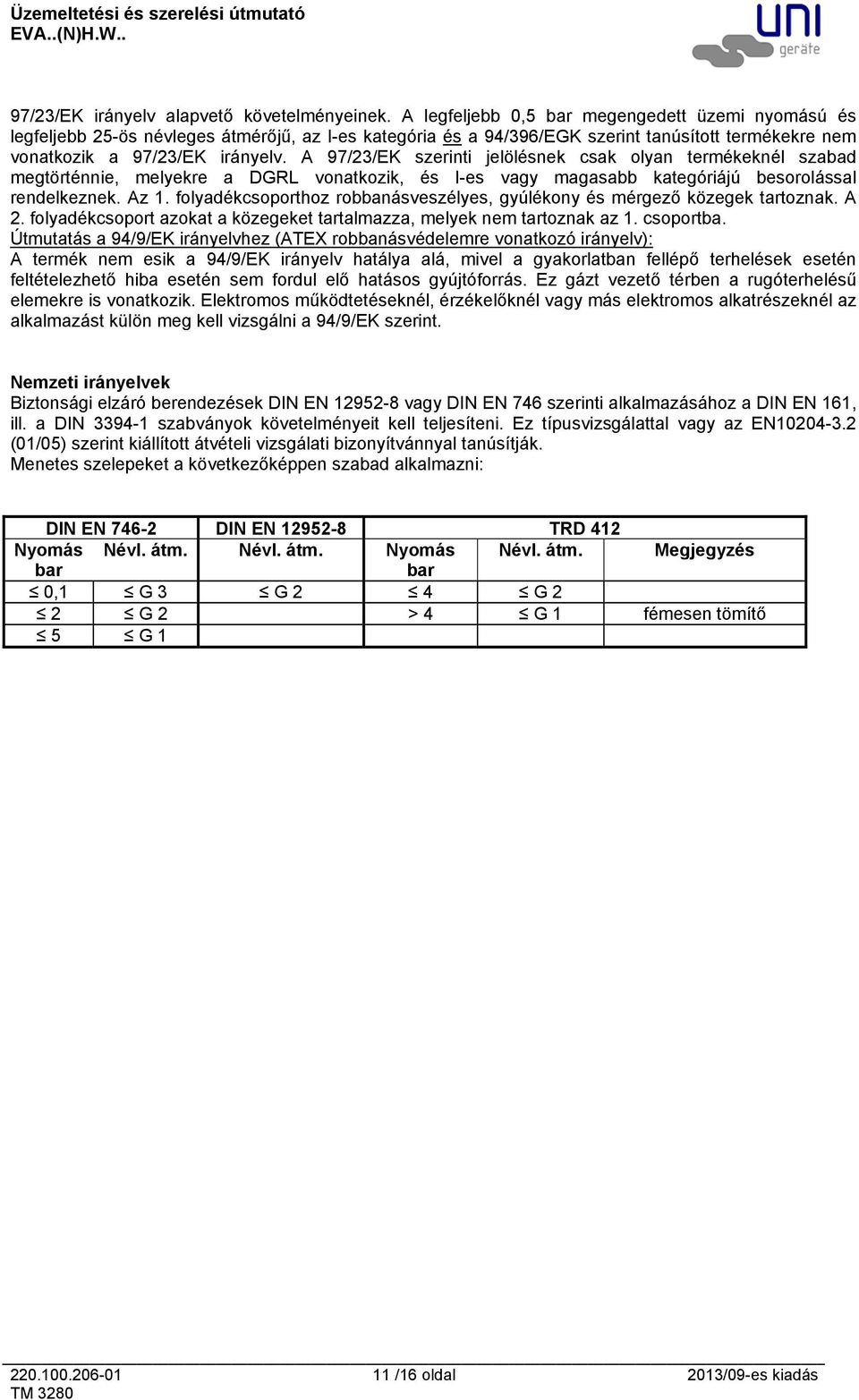 A 97/23/EK szerinti jelölésnek csak olyan termékeknél szabad megtörténnie, melyekre a DGRL vonatkozik, és I-es vagy magasabb kategóriájú besorolással rendelkeznek. Az 1.