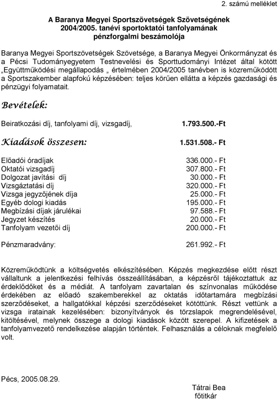 értelmében 2004/2005 tanévben is közreműködött a Sportszakember alapfokú képzésében: teljes körűen ellátta a képzés gazdasági és pénzügyi folyamatait.