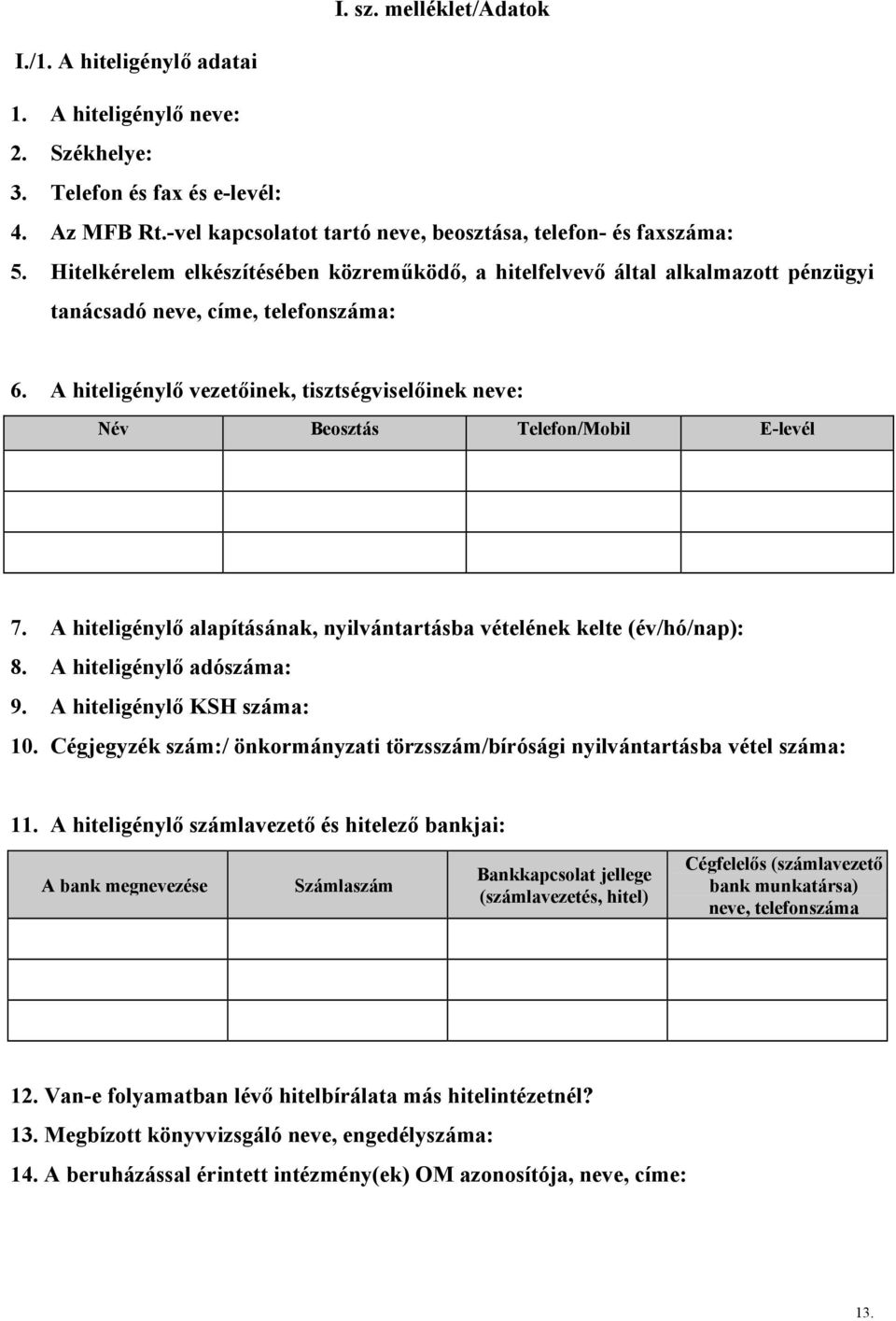 A hiteligénylő vezetőinek, tisztségviselőinek neve: Név Beosztás Telefon/Mobil E-levél 7. A hiteligénylő alapításának, nyilvántartásba vételének kelte (év/hó/nap): 8. A hiteligénylő adószáma: 9.