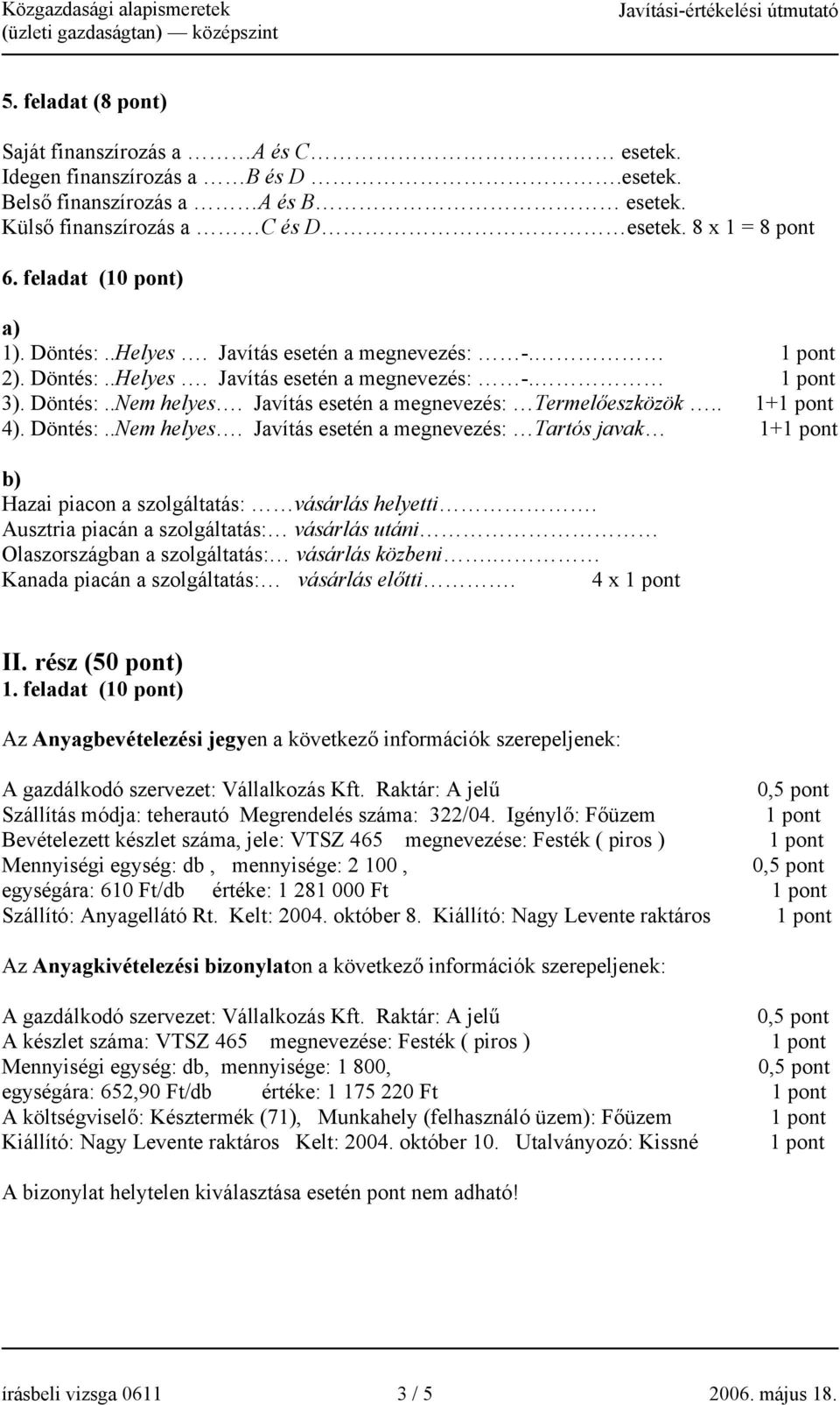 Javítás esetén a megnevezés: Termelőeszközök.. 1+1 pont 4). Döntés:..Nem helyes. Javítás esetén a megnevezés: Tartós javak 1+1 pont b) Hazai piacon a szolgáltatás: vásárlás helyetti.