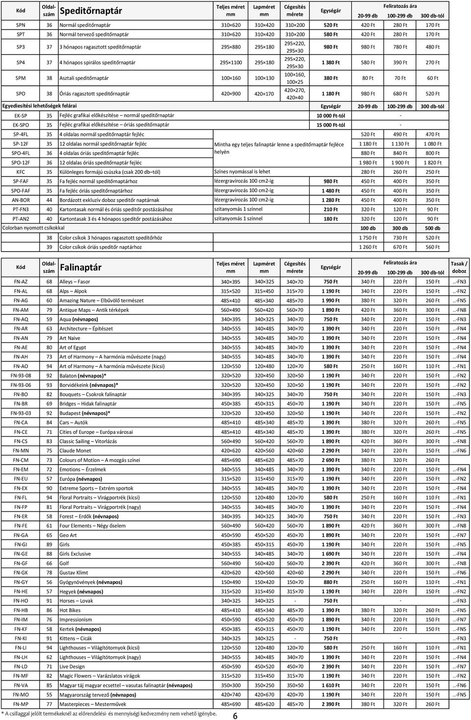 80 70 60 SPO 38 Óriás ragasztott speditőrnaptár 420 900 420 170 420 270, 420 40 1 180 980 680 520 Egyediesítési lehetőségek felárai EKSP 35 Fejléc grafikai előkészítése normál speditőrnaptár 10 000