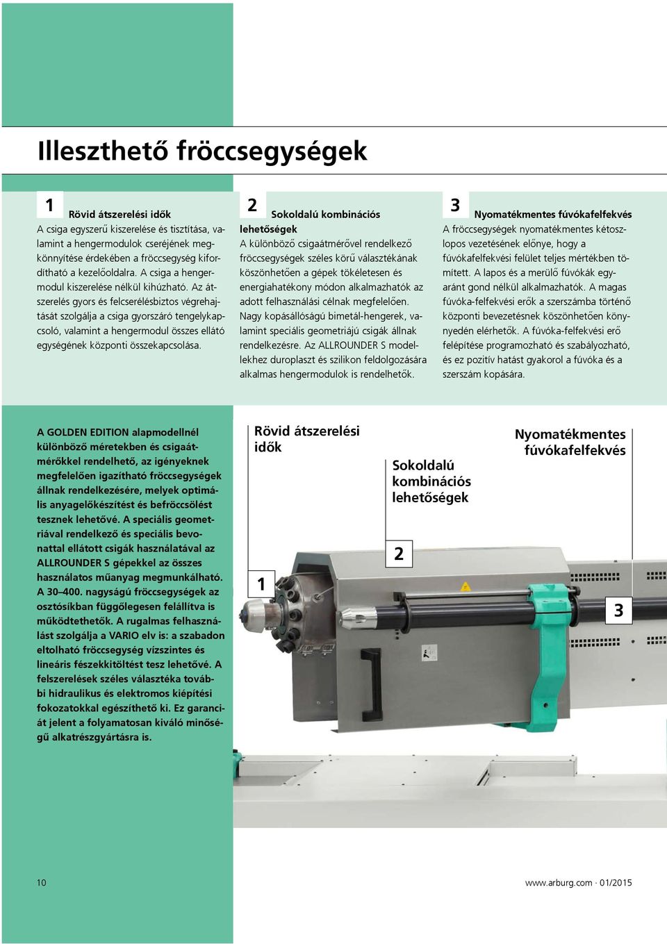 Az átszerelés gyors és felcserélésbiztos végrehajtását szolgálja a csiga gyorszáró tengelykapcsoló, valamint a hengermodul összes ellátó egységének központi összekapcsolása.