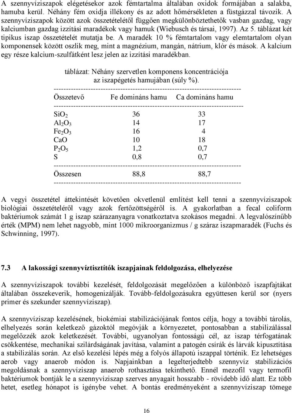 táblázat két tipikus iszap összetételét mutatja be. A maradék 10 % fémtartalom vagy elemtartalom olyan komponensek között oszlik meg, mint a magnézium, mangán, nátrium, klór és mások.