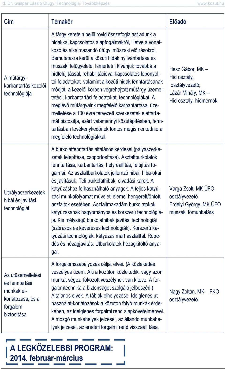 Bemutatásra kerül a közúti hidak nyilvántartása és műszaki felügyelete.