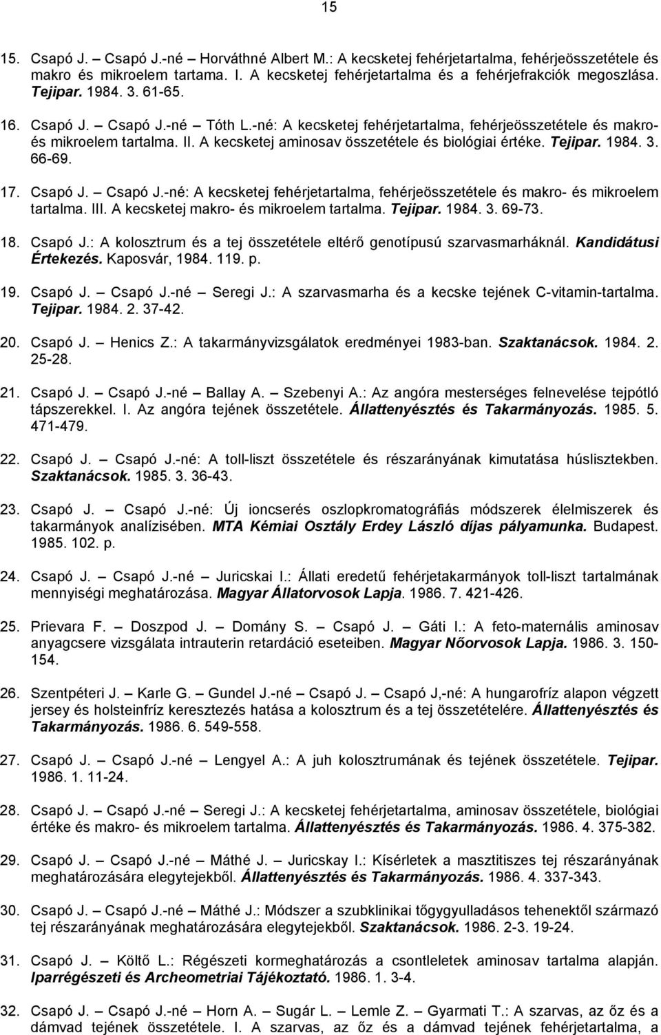 1984. 3. 66-69. 17. Csapó J. Csapó J.-né: A kecsketej fehérjetartalma, fehérjeösszetétele és makro- és mikroelem tartalma. III. A kecsketej makro- és mikroelem tartalma. Tejipar. 1984. 3. 69-73. 18.