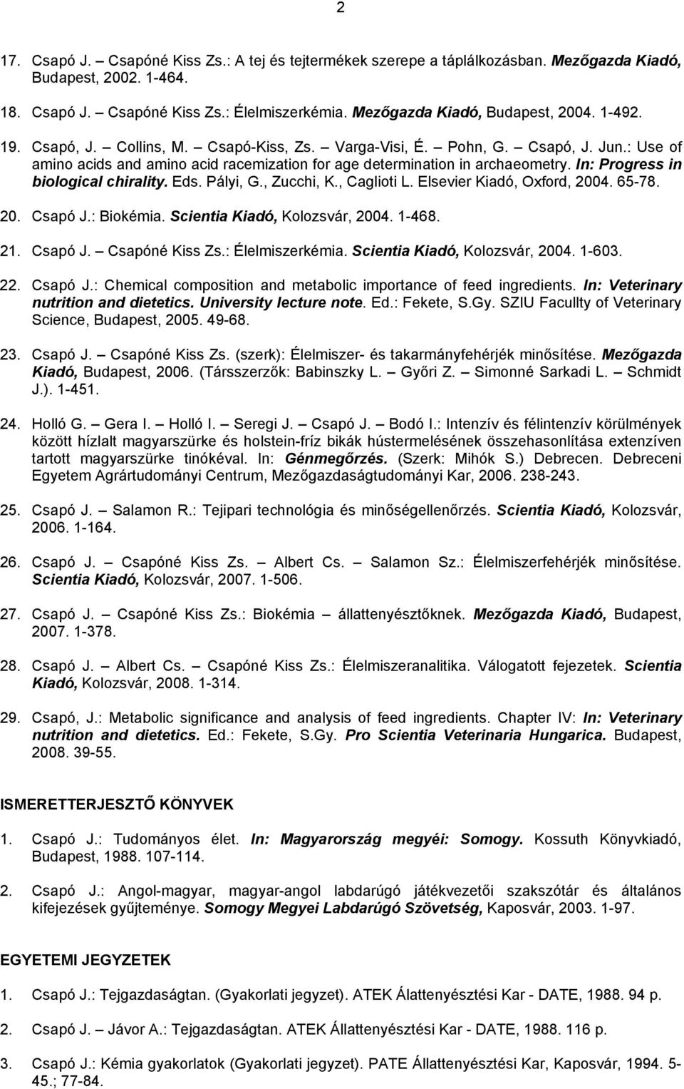 In: Progress in biological chirality. Eds. Pályi, G., Zucchi, K., Caglioti L. Elsevier Kiadó, Oxford, 2004. 65-78. 20. Csapó J.: Biokémia. Scientia Kiadó, Kolozsvár, 2004. 1-468. 21. Csapó J. Csapóné Kiss Zs.