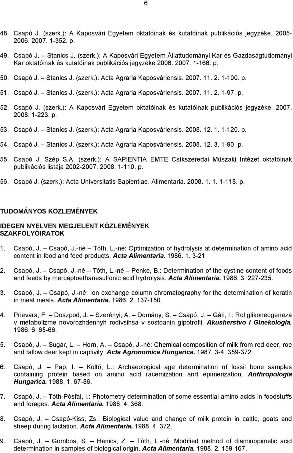 2007. 2008. 1-223. p. 53. Csapó J. Stanics J. (szerk.): Acta Agraria Kaposváriensis. 2008. 12. 1. 1-120. p. 54. Csapó J. Stanics J. (szerk.): Acta Agraria Kaposváriensis. 2008. 12. 3. 1-90. p. 55.