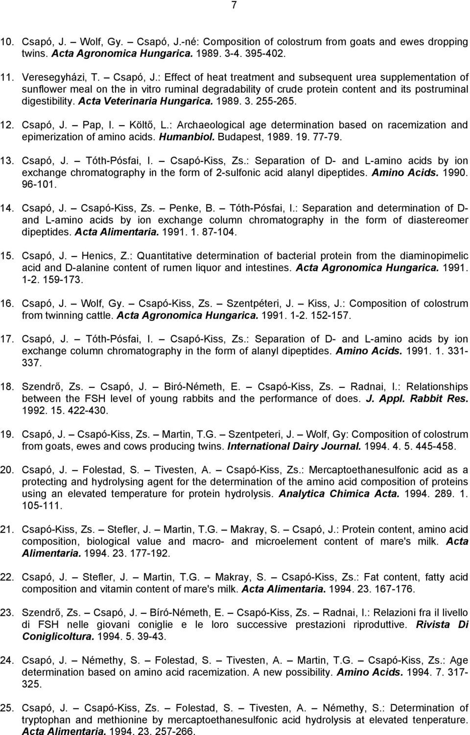 13. Csapó, J. Tóth-Pósfai, I. Csapó-Kiss, Zs.: Separation of D- and L-amino acids by ion exchange chromatography in the form of 2-sulfonic acid alanyl dipeptides. Amino Acids. 1990. 96-101. 14.