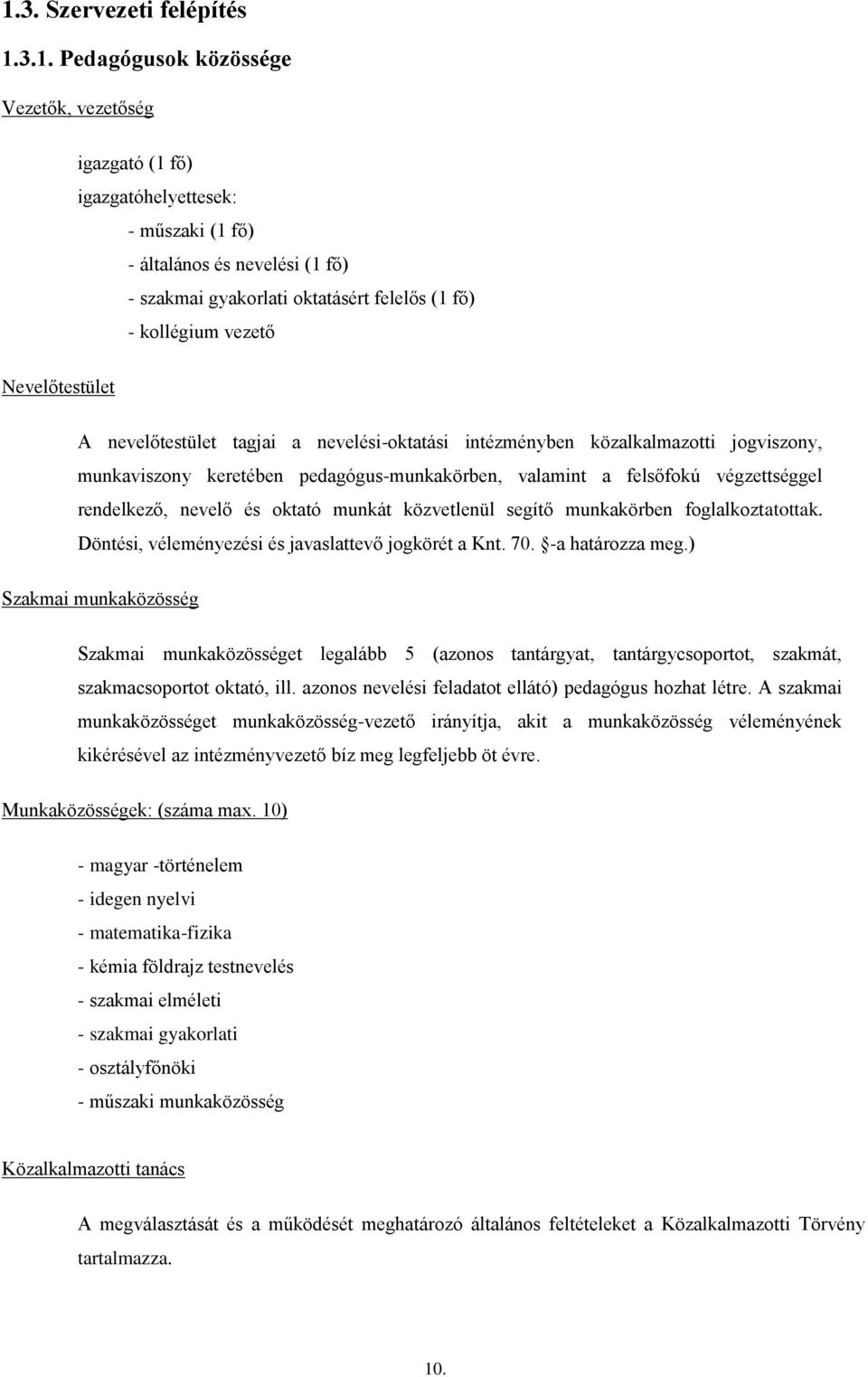 végzettséggel rendelkező, nevelő és oktató munkát közvetlenül segítő munkakörben foglalkoztatottak. Döntési, véleményezési és javaslattevő jogkörét a Knt. 70. -a határozza meg.