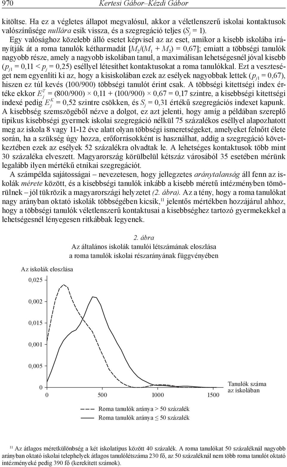 nagyobb iskolában tanul, a maximálisan lehetségesnél óval kisebb (p 1 = 0,11 < p = 0,25) eséllyel létesíthet kontaktusokat a roma tanulókkal.