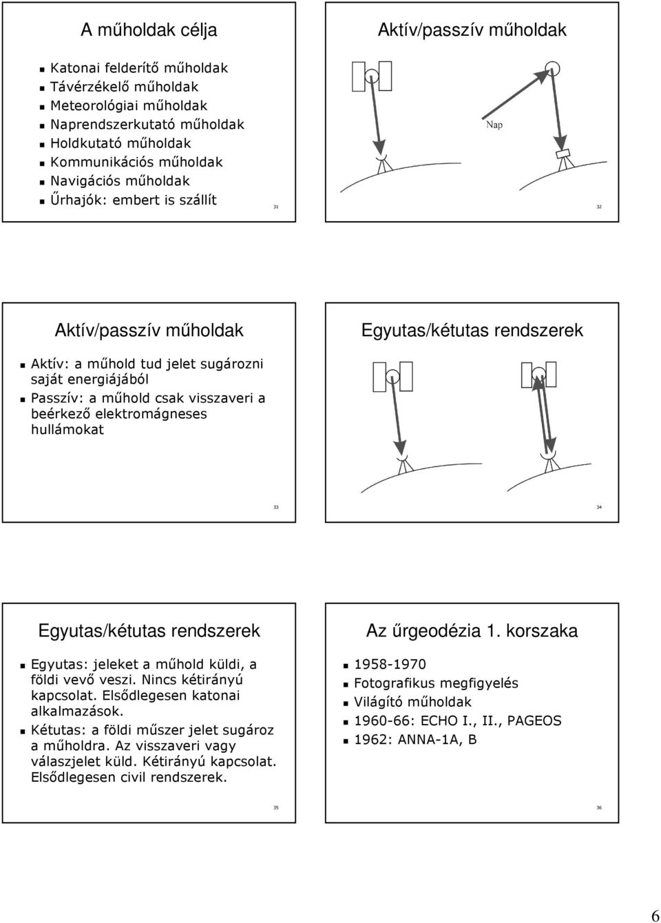 Passzív: a műhold m csak visszaveri a beérkez rkező elektromágneses hullámokat 33 34 Egyutas/kétutas tutas rendszerek Egyutas: : jeleket a műhold m küldi, k a földi vevő veszi.