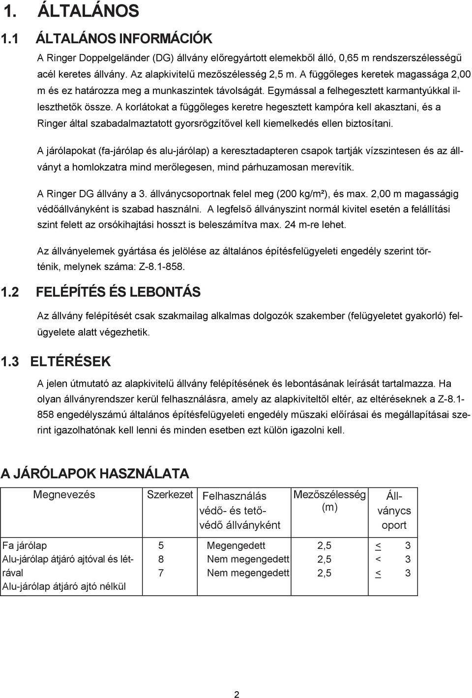 A korlátokat a függőleges keretre hegesztett kampóra kell akasztani, és a Ringer által szabadalmaztatott gyorsrögzítővel kell kiemelkedés ellen biztosítani.