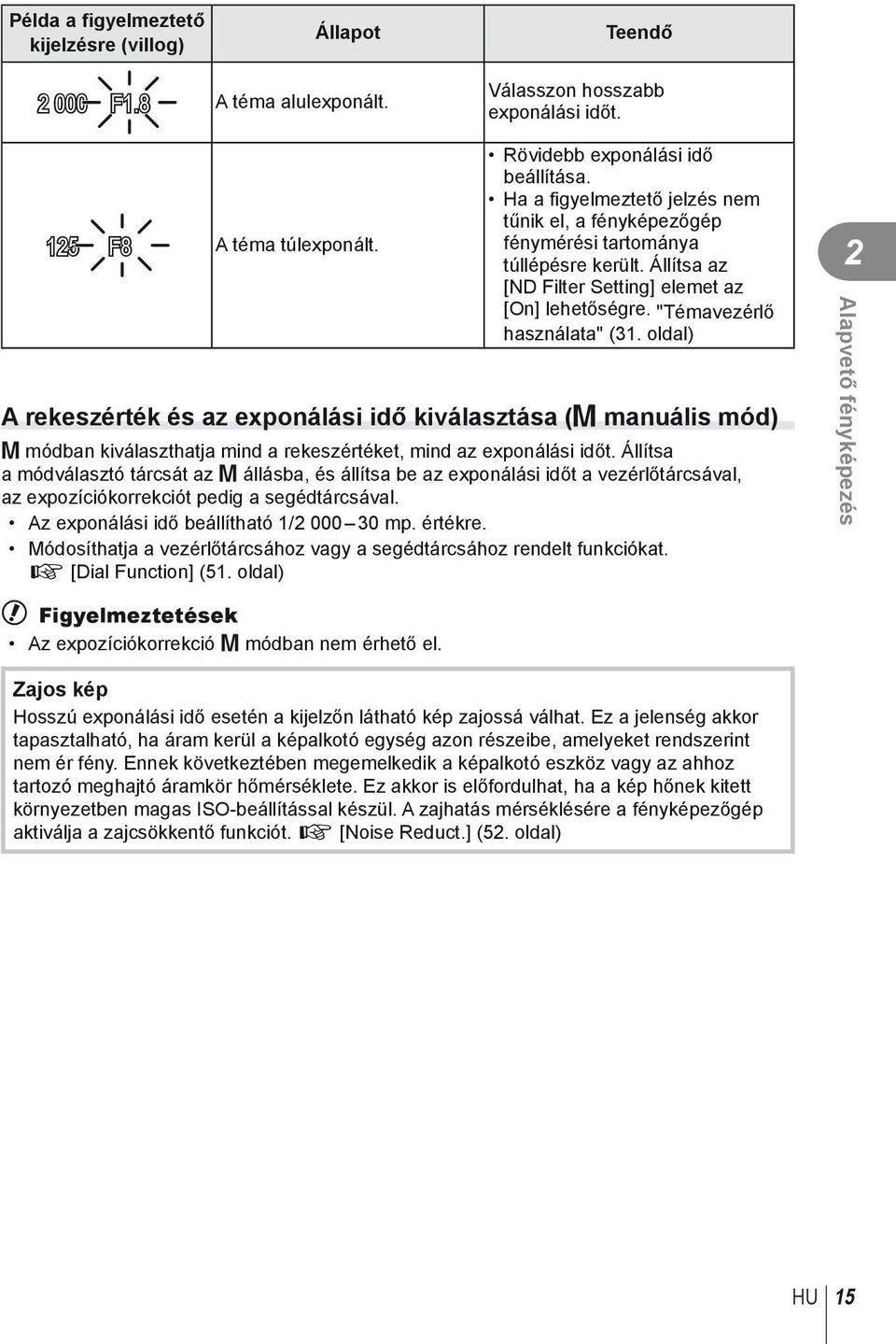 oldal) A rekeszérték és az exponálási idő kiválasztása (M manuális mód) M módban kiválaszthatja mind a rekeszértéket, mind az exponálási időt.