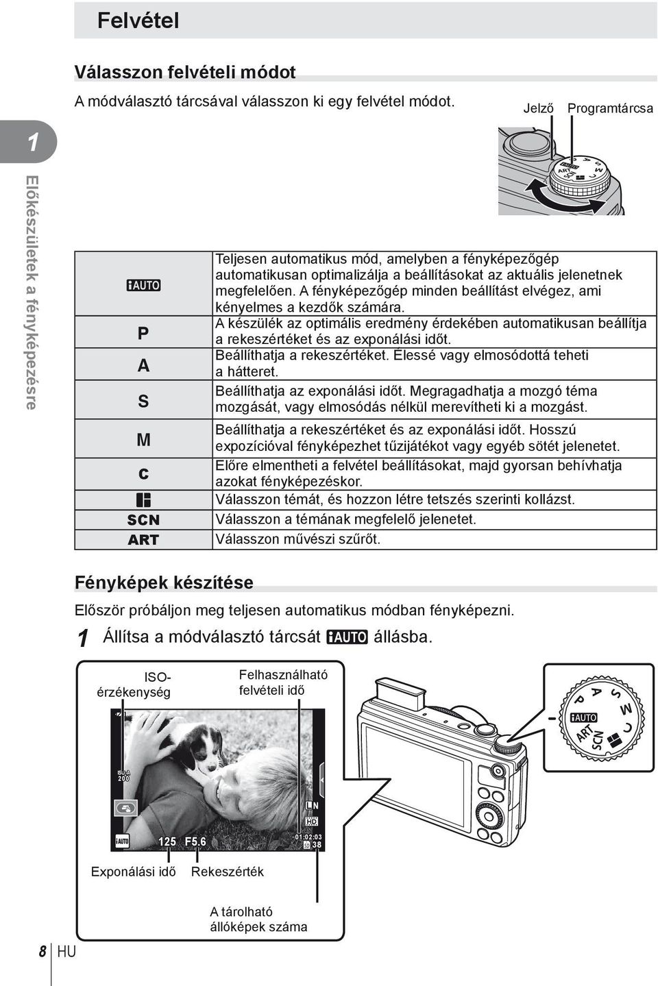 megfelelően. A fényképezőgép minden beállítást elvégez, ami kényelmes a kezdők számára. A készülék az optimális eredmény érdekében automatikusan beállítja a rekeszértéket és az exponálási időt.