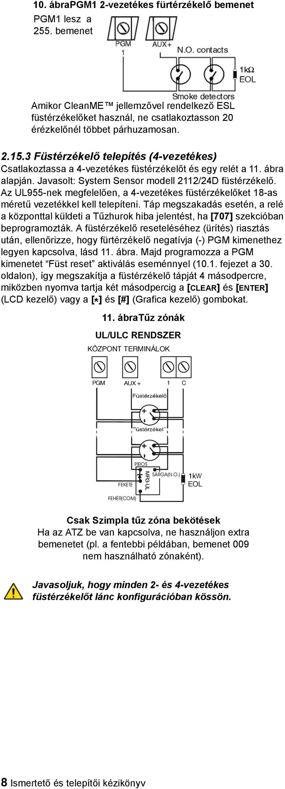 Az UL955-nek megfelelően, a 4-vezetékes füstérzékelőket 18-as méretű vezetékkel kell telepíteni.