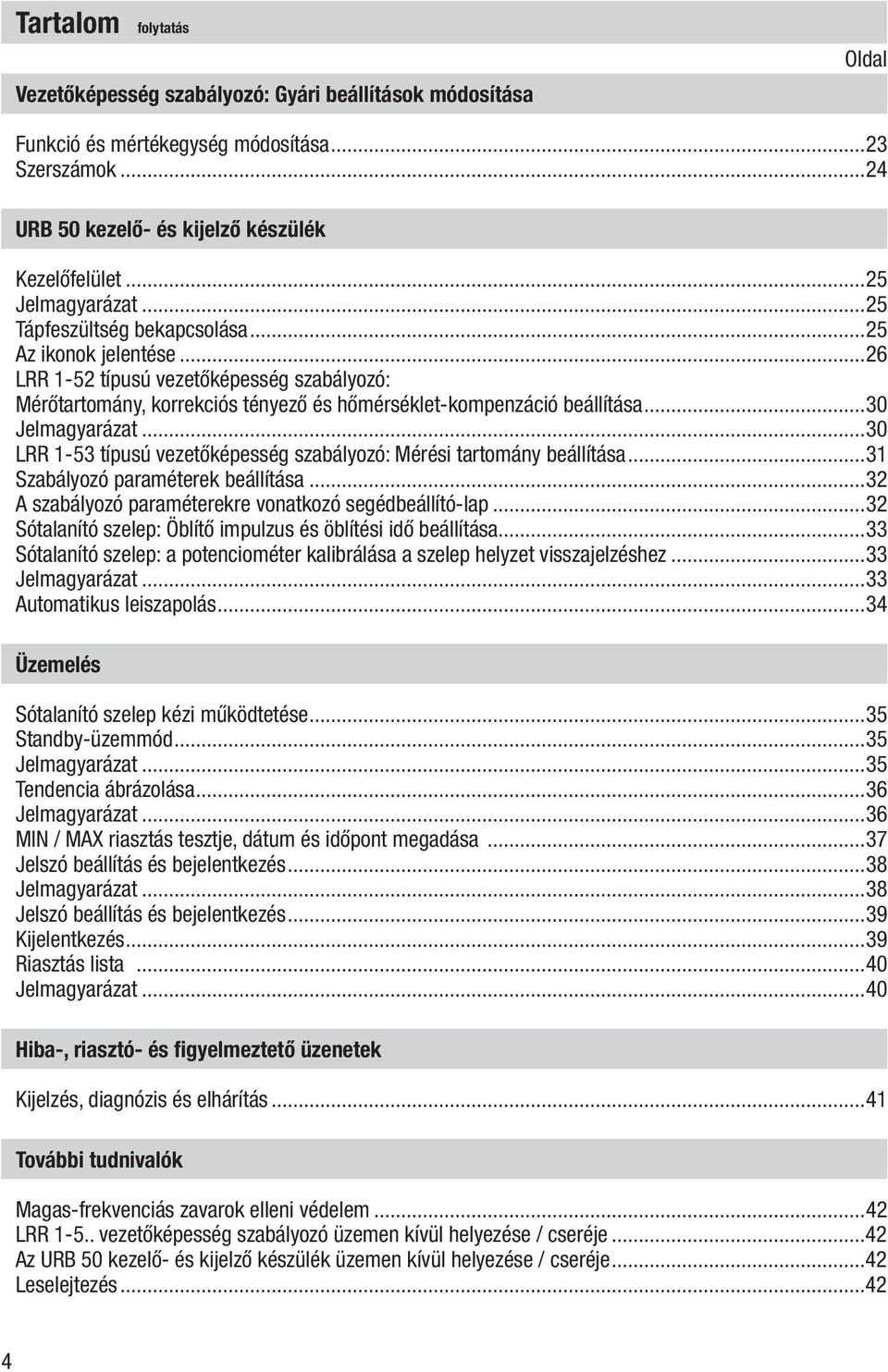 ..30 LRR 1-53 típusú vezetőképesség szabályozó: Mérési tartomány beállítása...31 Szabályozó paraméterek beállítása...32 A szabályozó paraméterekre vonatkozó segédbeállító-lap.