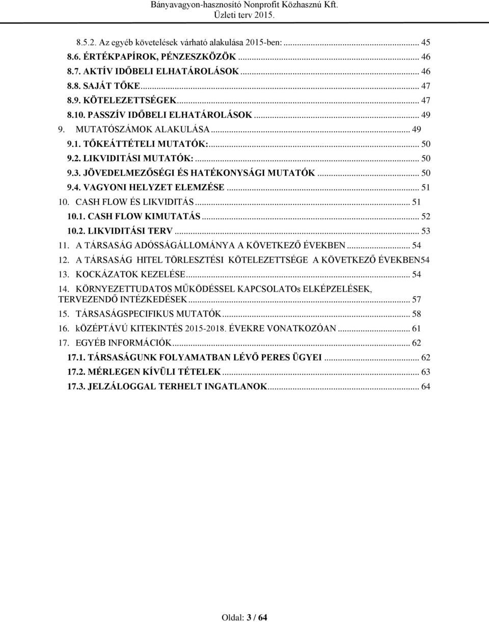 .. 51 10. CASH FLOW ÉS LIKVIDITÁS... 51 10.1. CASH FLOW KIMUTATÁS... 52 10.2. LIKVIDITÁSI TERV... 53 11. A TÁRSASÁG ADÓSSÁGÁLLOMÁNYA A KÖVETKEZŐ ÉVEKBEN... 54 12.