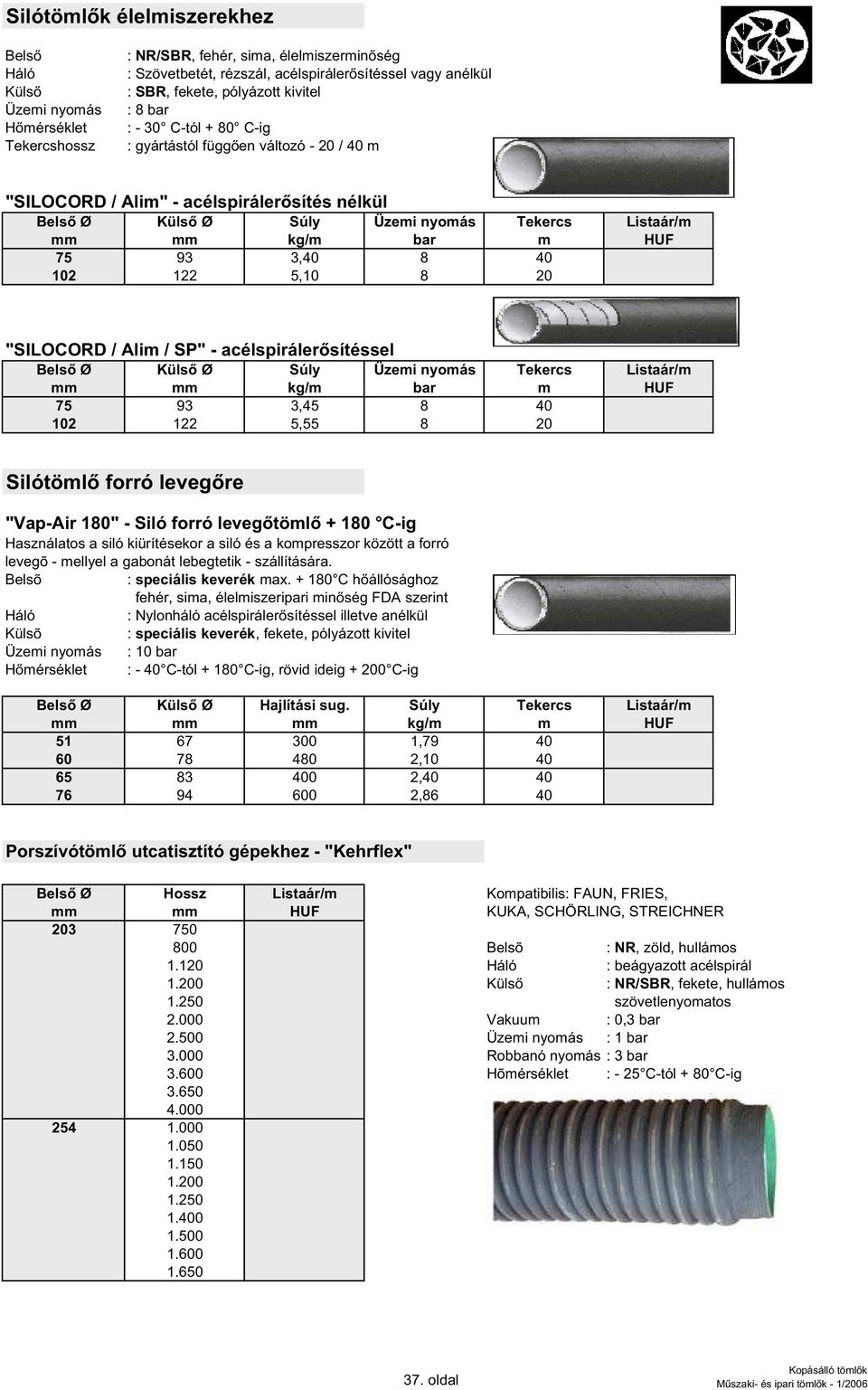 / Alim / SP" - acélspiráler sítéssel Ø Ø Súly Üzemi nyomás Tekercs Listaár/m 75 93 3,45 8 40 102 122 5,55 8 20 Silótöml forró leveg re "Vap-Air 180" - Siló forró leveg töml + 180 C-ig Használatos a