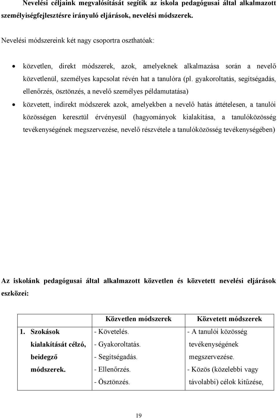 gyakoroltatás, segítségadás, ellenőrzés, ösztönzés, a nevelő személyes példamutatása) közvetett, indirekt módszerek azok, amelyekben a nevelő hatás áttételesen, a tanulói közösségen keresztül