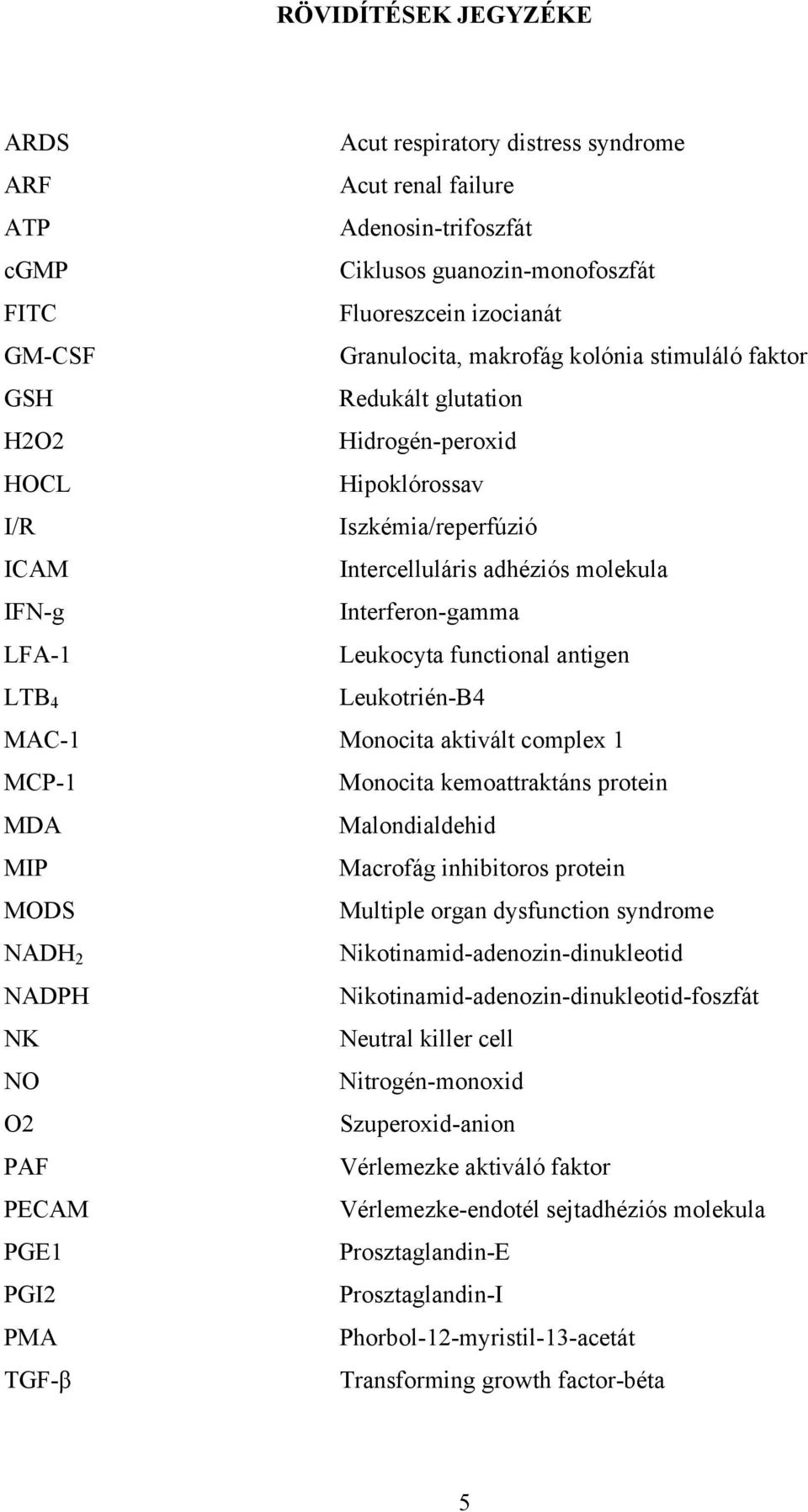 functional antigen LTB 4 Leukotrién-B4 MAC-1 Monocita aktivált complex 1 MCP-1 Monocita kemoattraktáns protein MDA Malondialdehid MIP Macrofág inhibitoros protein MODS Multiple organ dysfunction