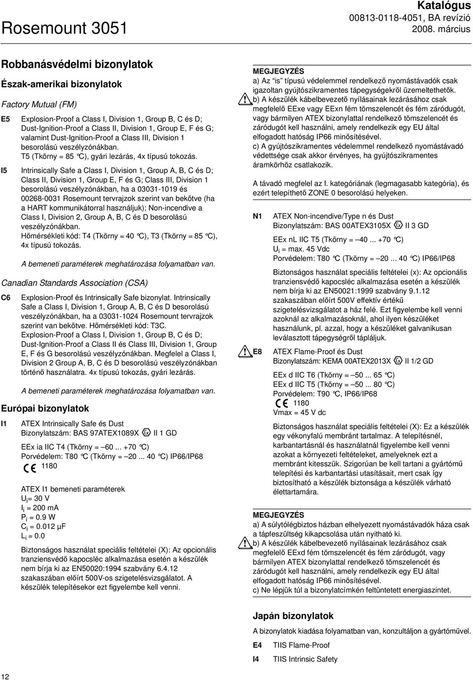 I5 Intrinsically Safe a Class I, Division 1, Group A, B, C és D; Class II, Division 1, Group E, F és G; Class III, Division 1 besorolású veszélyzónákban, ha a 03031-1019 és 00268-0031 Rosemount