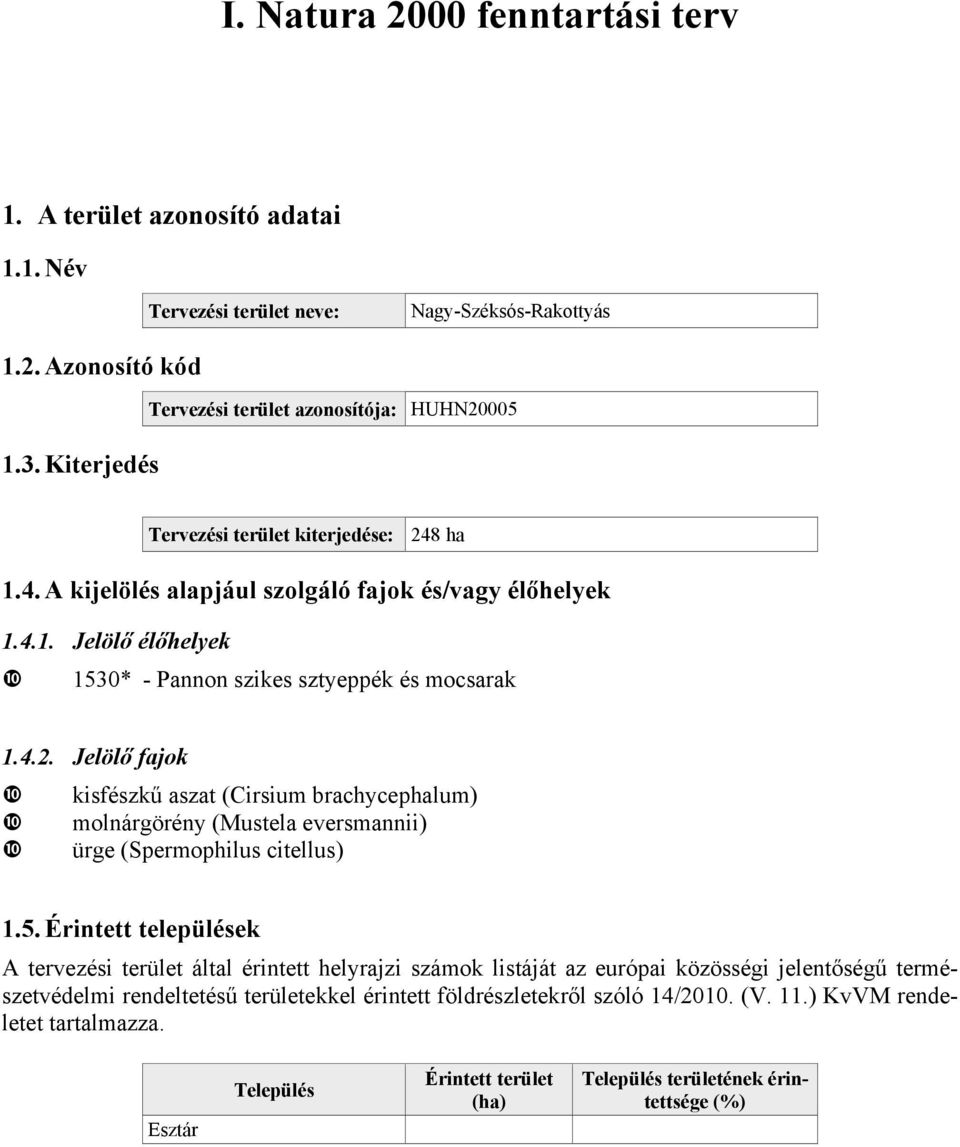 4.2. Jelölő fajok kisfészkű aszat (Cirsium brachycephalum) molnárgörény (Mustela eversmannii) ürge (Spermophilus citellus) 1.5.