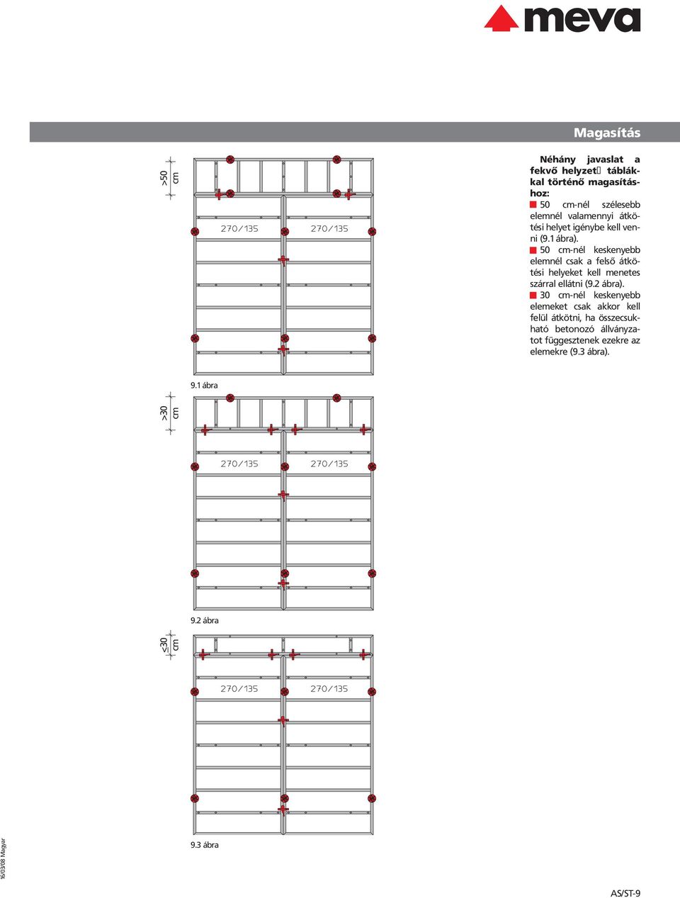 50 cm-nél keskenyebb elemnél csak a felső átkö tési helyeket kell menetes szárral ellátni (9.2 ábra).