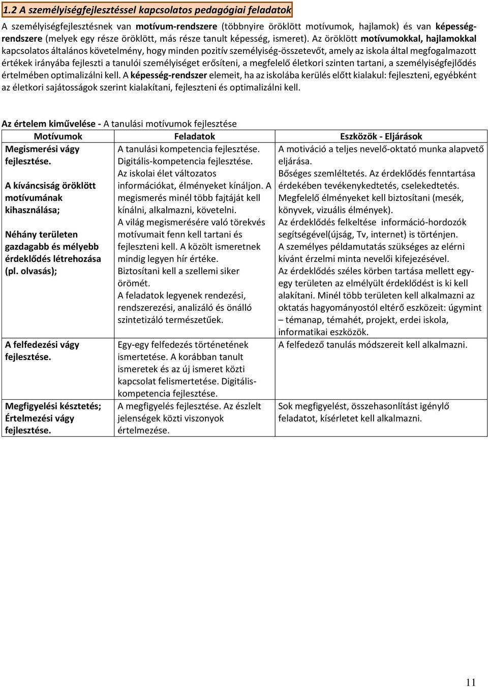 Az öröklött motívumokkal, hajlamokkal kapcsolatos általános követelmény, hogy minden pozitív személyiség-összetevőt, amely az iskola által megfogalmazott értékek irányába fejleszti a tanulói