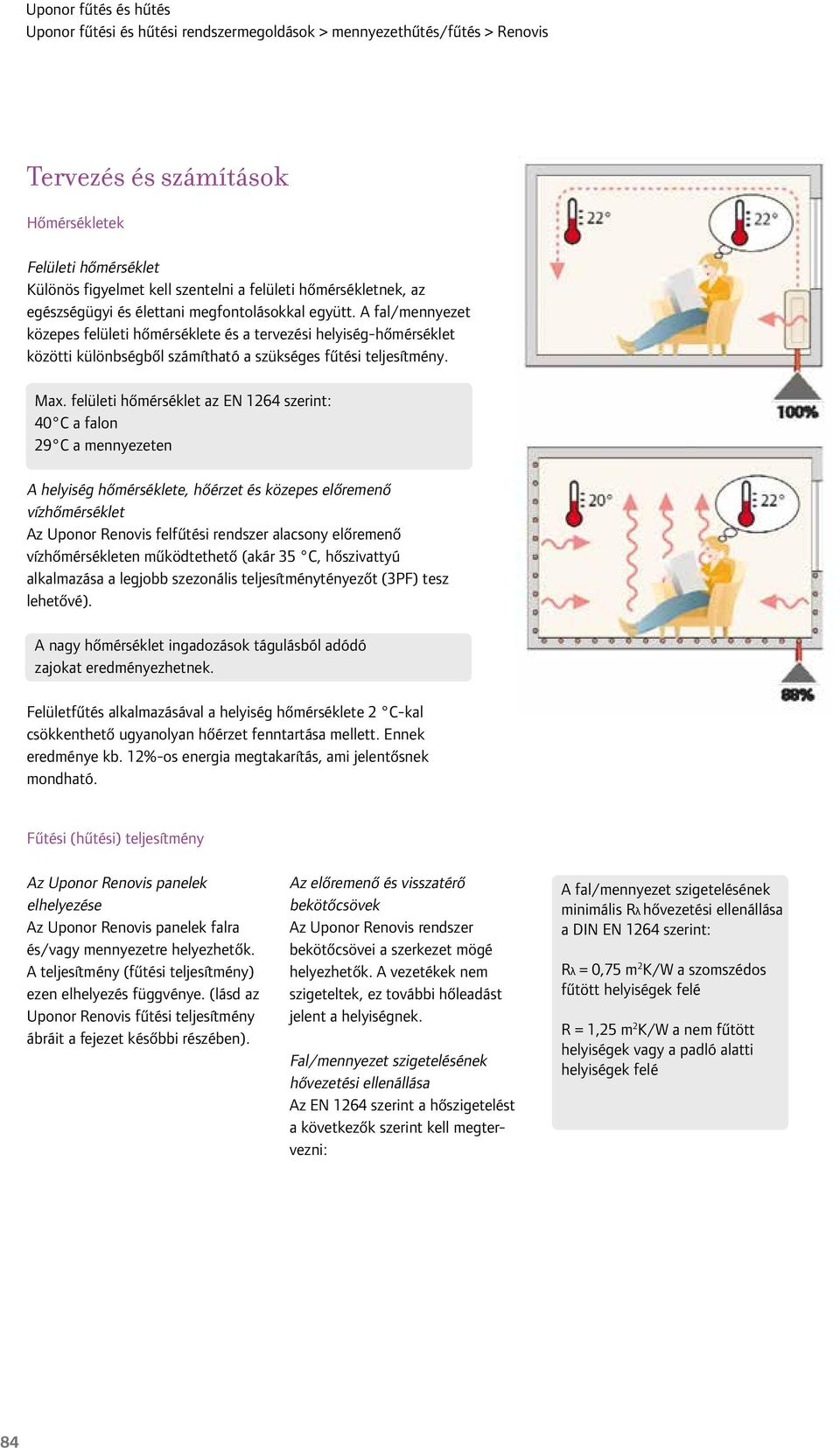 felületi hőmérséklet az EN 1264 szerint: 40 C a falon 29 C a mennyezeten A helyiség hőmérséklete, hőérzet és közepes előremenő vízhőmérséklet Az Uponor Renovis felfűtési rendszer alacsony előremenő
