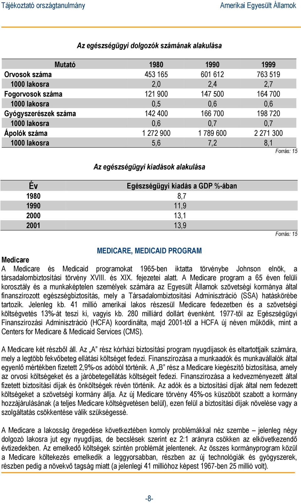 kiadás a GDP %-ában 1980 8,7 1990 11,9 2000 13,1 2001 13,9 Forrás: 15 MEDICARE, MEDICAID PROGRAM Medicare A Medicare és Medicaid programokat 1965-ben iktatta törvénybe Johnson elnök, a