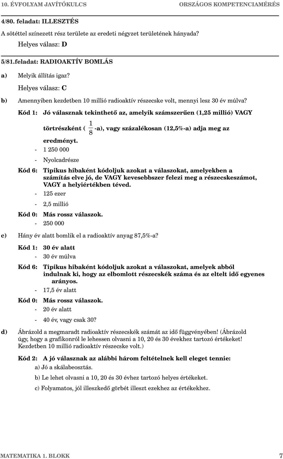 Kód 1: Jó válasznak tekinthetõ az, amelyik számszerûen (1,25 millió) VAGY törtrészként ( 8 1 -a), vagy százalékosan (12,5%-a) adja meg az eredményt.