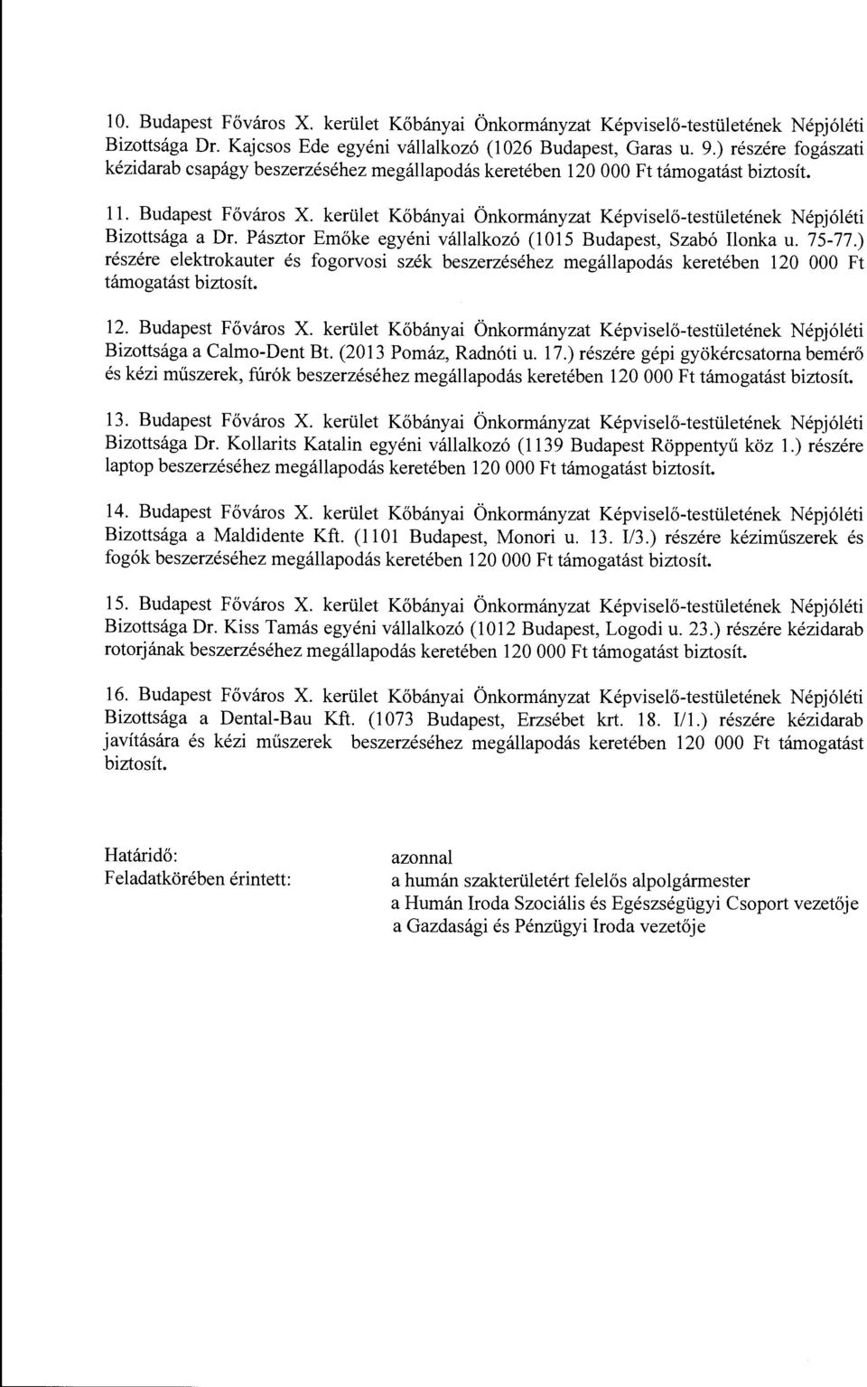 kerület Kőbányai Önkormányzat Képviselő-testületének Népjóléti Bizottsága a Dr. Pásztor Emőke egyéni vállalkozó (1015 Budapest, Szabó Ilonka u. 75-77.