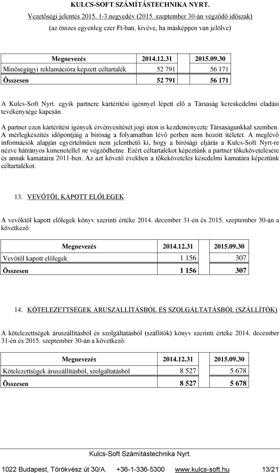 A partner ezen kártérítési igények érvényesítését jogi úton is kezdeményezte Társaságunkkal szemben. A mérlegkészítés időpontjáig a bíróság a folyamatban lévő perben nem hozott ítéletet.