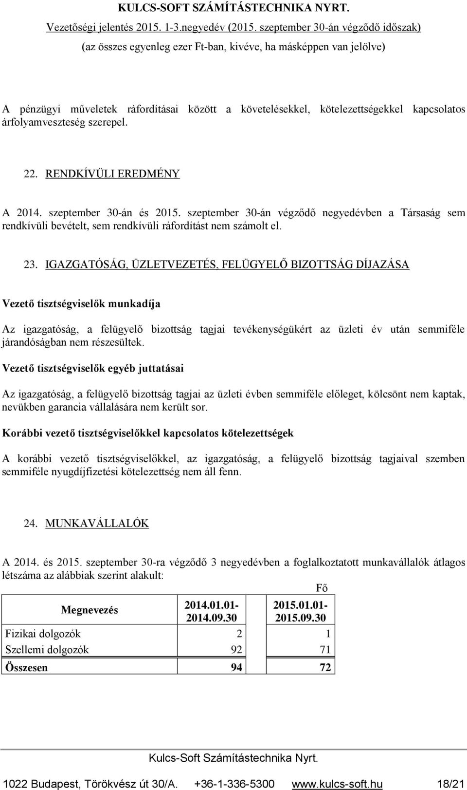 IGAZGATÓSÁG, ÜZLETVEZETÉS, FELÜGYELŐ BIZOTTSÁG DÍJAZÁSA Vezető tisztségviselők munkadíja Az igazgatóság, a felügyelő bizottság tagjai tevékenységükért az üzleti év után semmiféle járandóságban nem