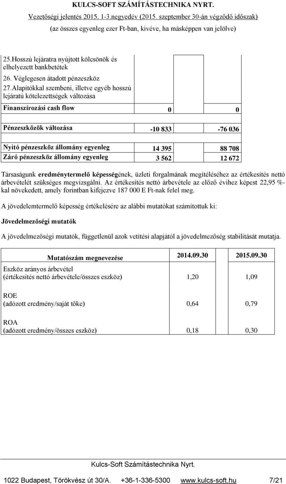 pénzeszköz állomány egyenleg 3 562 12 672 Társaságunk eredménytermelő képességének, üzleti forgalmának megítéléséhez az értékesítés nettó árbevételét szükséges megvizsgálni.