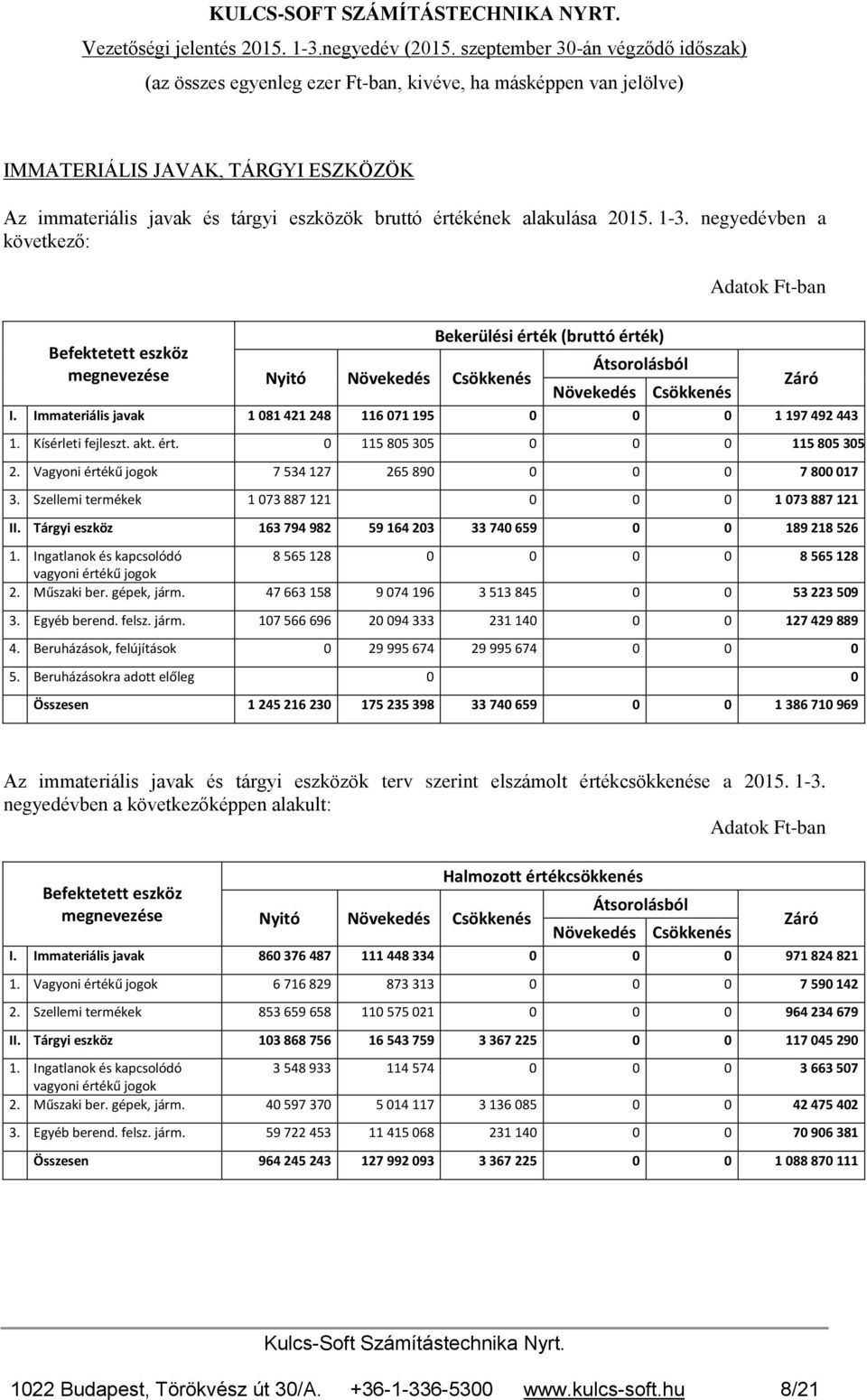 Immateriális javak 1 081 421 248 116 071 195 0 0 0 1 197 492 443 1. Kísérleti fejleszt. akt. ért. 0 115 805 305 0 0 0 115 805 305 2. Vagyoni értékű jogok 7 534 127 265 890 0 0 0 7 800 017 3.