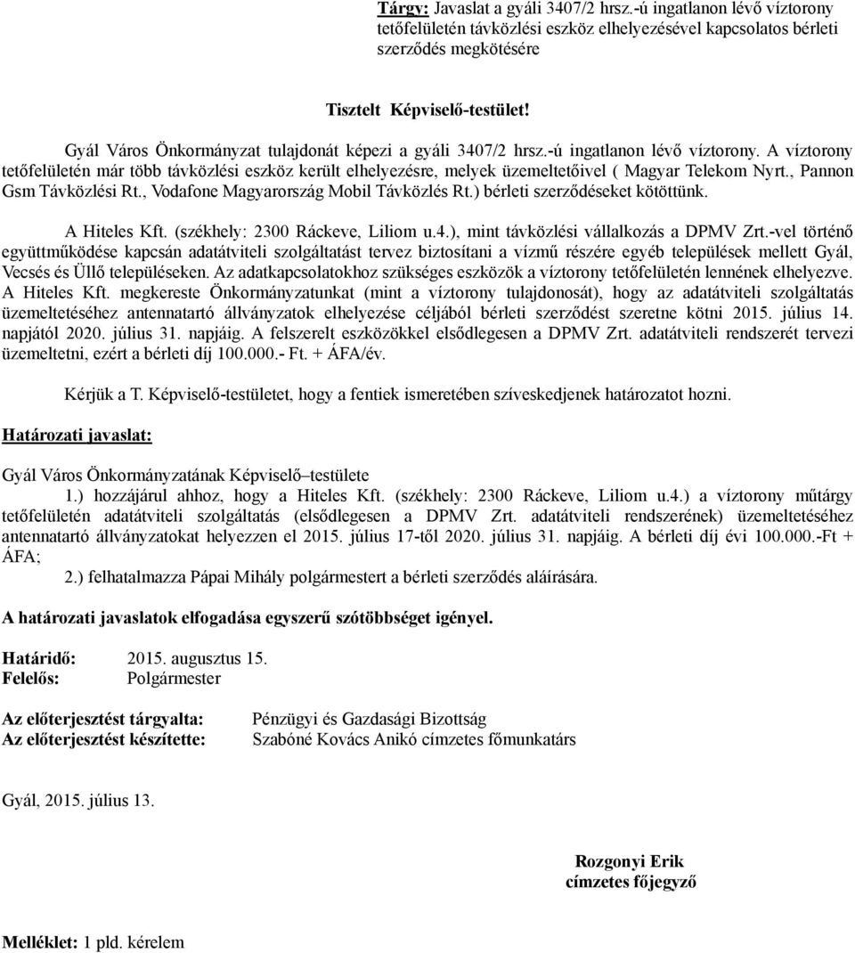 A víztorony tetőfelületén már több távközlési eszköz került elhelyezésre, melyek üzemeltetőivel ( Magyar Telekom Nyrt., Pannon Gsm Távközlési Rt., Vodafone Magyarország Mobil Távközlés Rt.