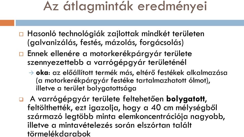 motorkerékpárgyár festéke tartalmazhatott ólmot), illetve a terület bolygatottsága A varrógépgyár területe feltehetően bolygatott,