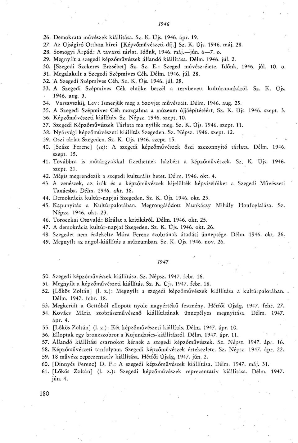 Megalakult a Szegedi Szépmíves Céh. Délm. 1946. júl. 28. 32. A Szegedi Szépmíves Céh. Sz. K. Újs. 1946. júl. 28. 33. A Szegedi Szépmíves Céh elnöke beszél a tervbevett kultúrmunkáról. Sz. K. Újs. 1946. aug.