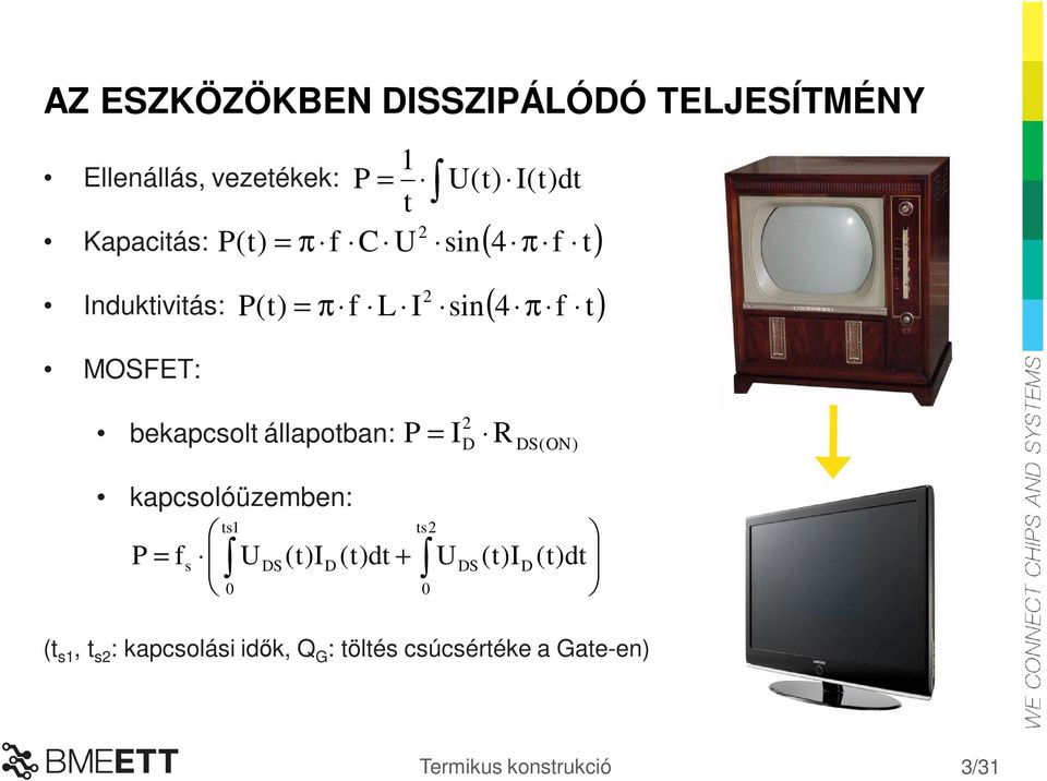 t) bekapcsolt állapotban: P = I 2 R D DS(ON) kapcsolóüzemben: ts1 P f s UDS(t)ID (t)dt + 0 =