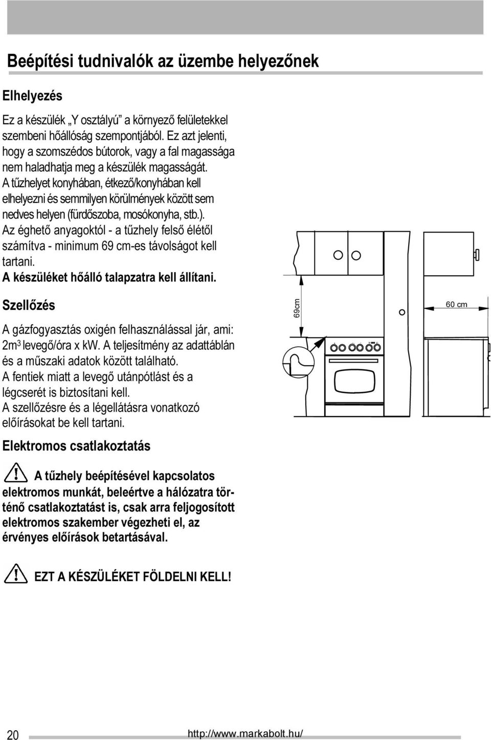 A tűzhelyet konyhában, étkező/konyhában kell elhelyezni és semmilyen körülmények között sem nedves helyen (fürdőszoba, mosókonyha, stb.).