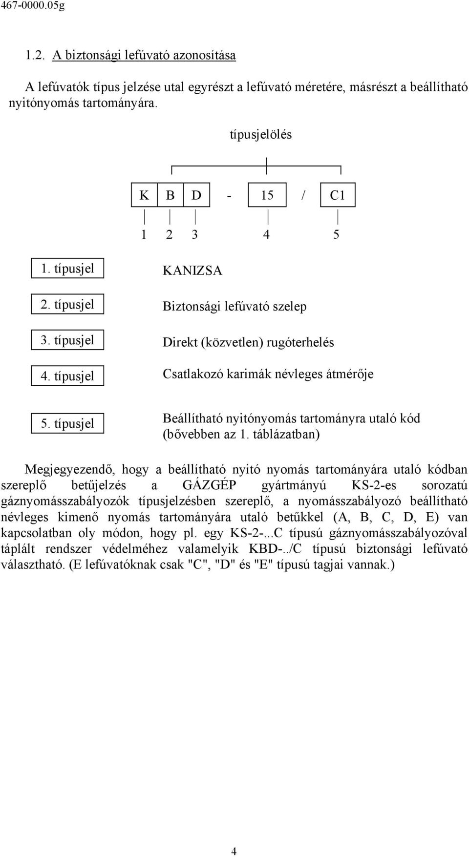 típusjel Beállítható nyitónyomás tartományra utaló kód (bővebben az 1.