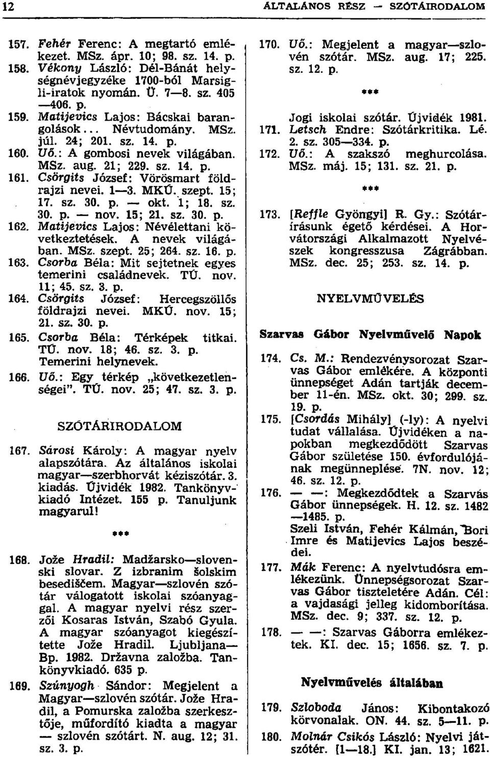 1 3. MKŰ. szept. 15; 17. sz. 30. p. okt. 1; 18. sz. 30. p. nov. 15; 21. sz. 30. p. 162. Matijevics Lajos: Névélettani következtetések. A nevek világában. MSz. szept. 25; 264. sz. 16. p. 163.