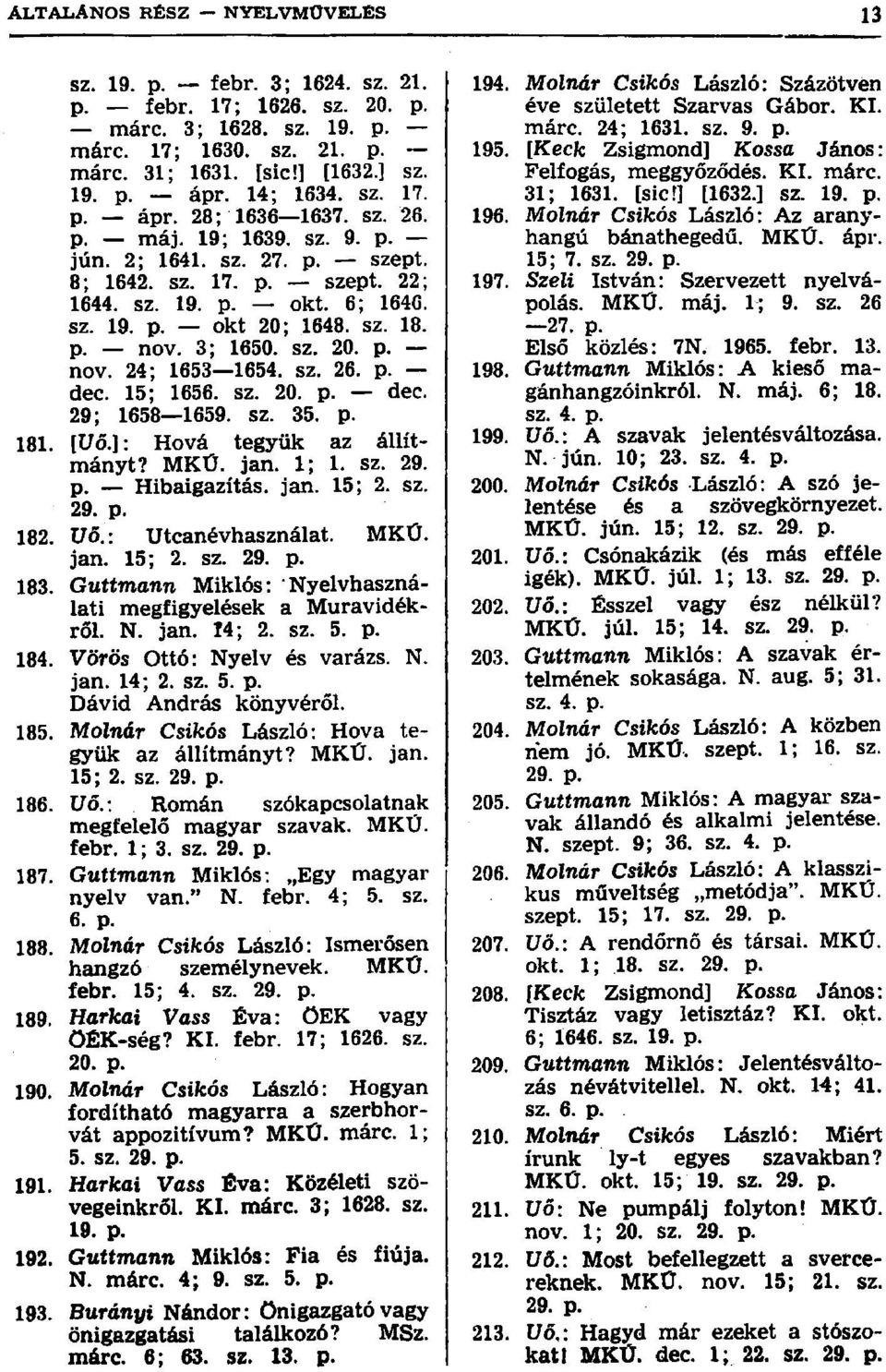 sz. 26. p. dec. 15; 1656. sz. 20. p. dec. 29; 1658 1659. sz. 35. p. 181. [üő.]: Hová tegyük az állítmányt? MKŰ. jan. 1; 1. sz. 29. p. Hibaigazítás, jan. 15; 2. sz. 29. p. 182. üő.: Utcanévhasználat.