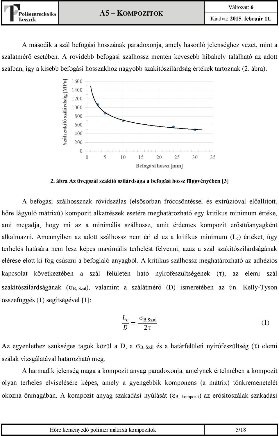 ábra Az üvegszál szakító szilárdsága a befogási hossz függvényében [3] A befogási szálhossznak rövidszálas (elsősorban fröccsöntéssel és extrúzióval előállított, hőre lágyuló mátrixú) kompozit