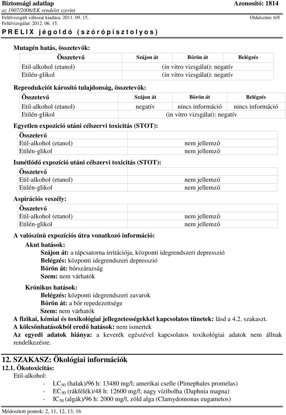 Szájon át Bőrön át Belégzés negatív (in vitro vizsgálat): negatív Egyetlen expozíció utáni célszervi toxicitás (STOT): Összetevő Ismétlődő expozíció utáni célszervi toxicitás (STOT): Összetevő